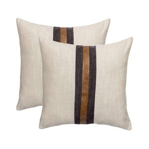 Linen Throw Pillow Covers patchwork Brown Faux Leather 20 X 20 Set of 2 NEW